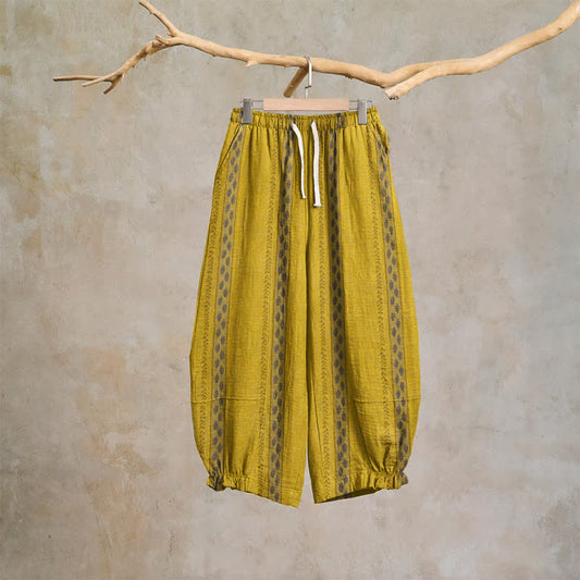 Ownkoti Yellow Striped Leaf Cotton Harem Pants - Yellow - XL - image 0