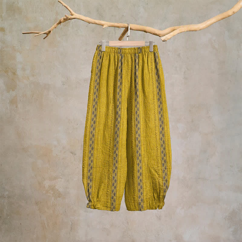 Ownkoti Yellow Striped Leaf Cotton Harem Pants - image 1