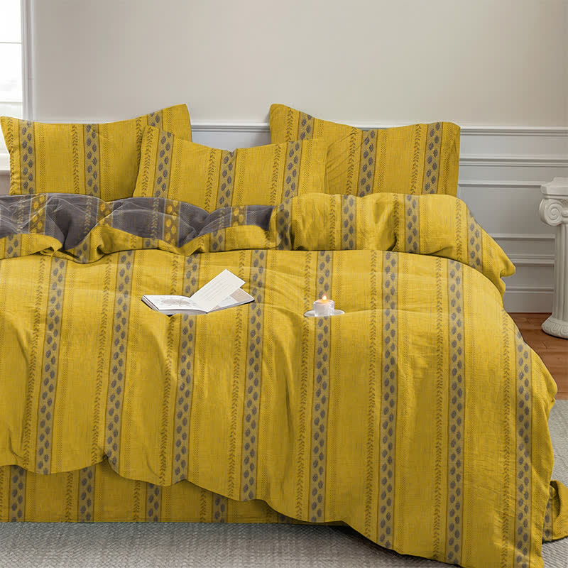 Ownkoti Reversible Striped Leaf Cotton Duvet Cover Bedding Set - image 1