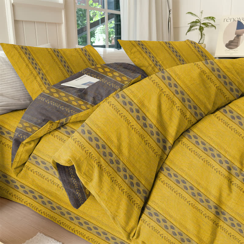 Ownkoti Reversible Striped Leaf Cotton Duvet Cover Bedding Set - Yellow - Bedding Set(4PCS) - King - image 0