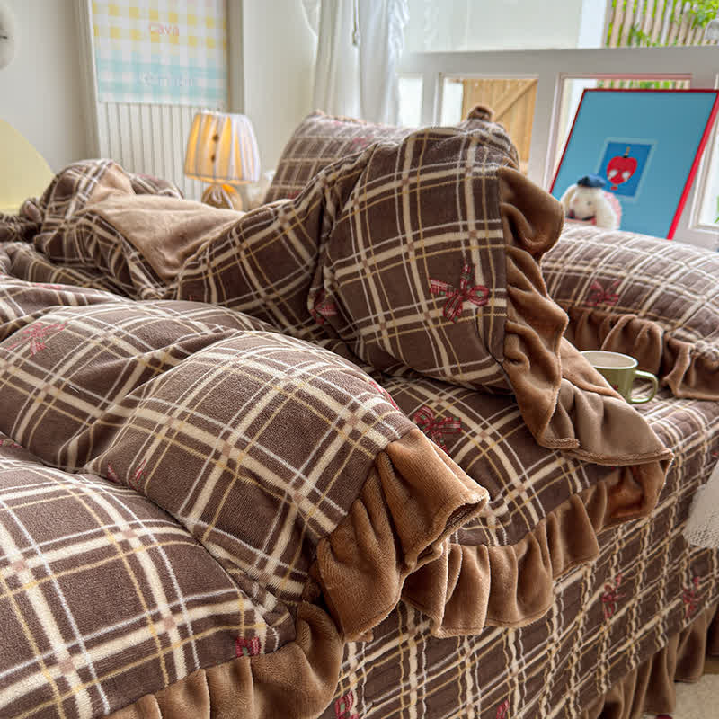 Ownkoti Brown Ruffle Plaid Bow Bedding Set - image 3