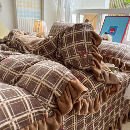 Ownkoti Brown Ruffle Plaid Bow Bedding Set - image 3