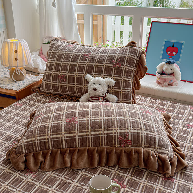 Ownkoti Brown Ruffle Plaid Bow Bedding Set - Brown - 2PCS Pillowcases - 19" x 29" - image 8