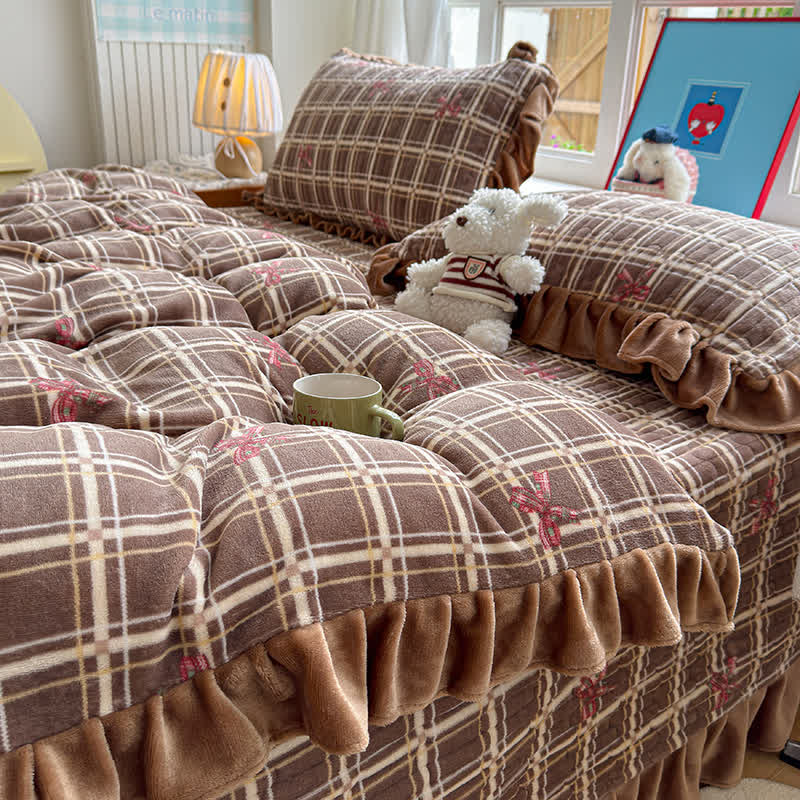 Ownkoti Brown Ruffle Plaid Bow Bedding Set - image 1