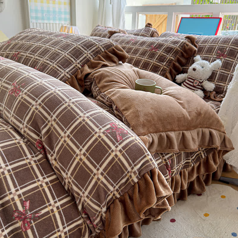 Ownkoti Brown Ruffle Plaid Bow Bedding Set - Brown - Duvet Cover - Queen - image 0