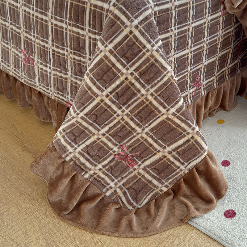 Ownkoti Brown Ruffle Plaid Bow Bedding Set - image 10