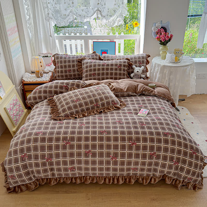 Ownkoti Brown Ruffle Plaid Bow Bedding Set - image 13