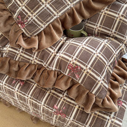 Ownkoti Brown Ruffle Plaid Bow Bedding Set - image 9