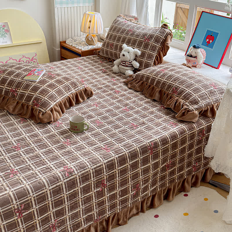 Ownkoti Brown Ruffle Plaid Bow Bedding Set - image 8