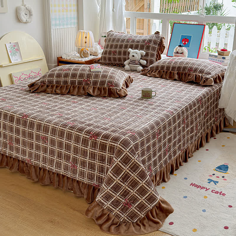 Ownkoti Brown Ruffle Plaid Bow Bedding Set - image 6