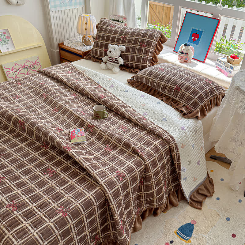 Ownkoti Brown Ruffle Plaid Bow Bedding Set - Brown - Flat Sheet with 2pcs Pillowcases - King - image 5