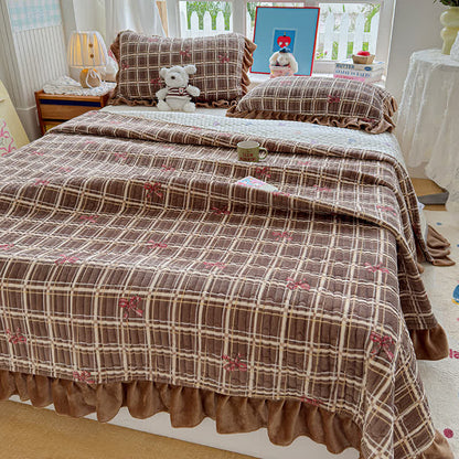 Ownkoti Brown Ruffle Plaid Bow Bedding Set - image 9