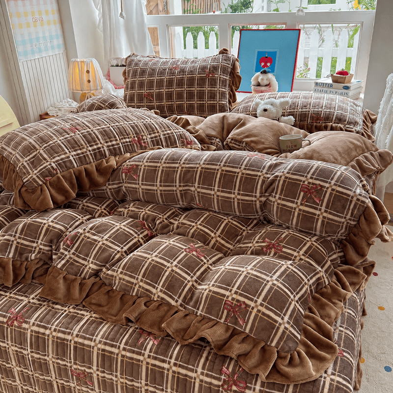 Ownkoti Brown Ruffle Plaid Bow Bedding Set - Brown - Bedding Set (4PCS) - Full - image 11