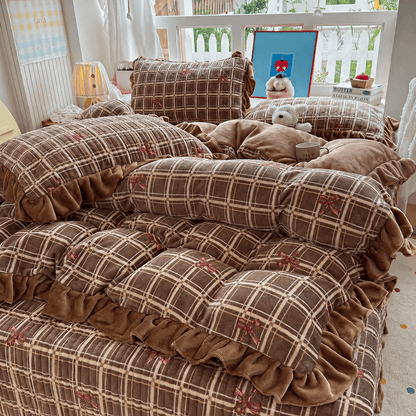 Ownkoti Brown Ruffle Plaid Bow Bedding Set - Brown - Bedding Set (4PCS) - Full - image 11