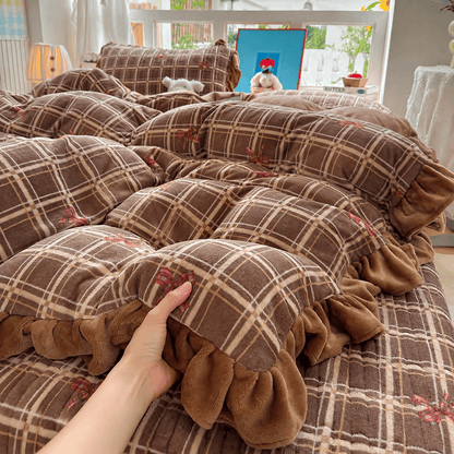 Ownkoti Brown Ruffle Plaid Bow Bedding Set - image 2