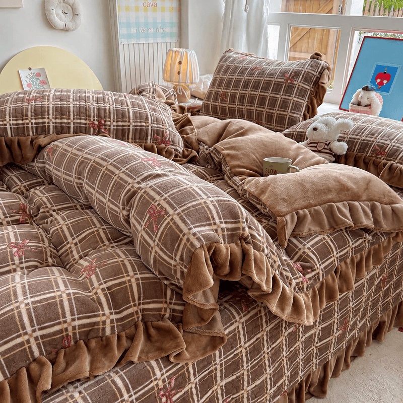Ownkoti Brown Ruffle Plaid Bow Bedding Set - image 12