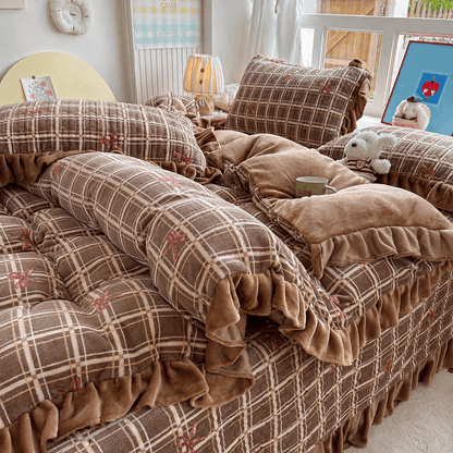 Ownkoti Brown Ruffle Plaid Bow Bedding Set - image 12