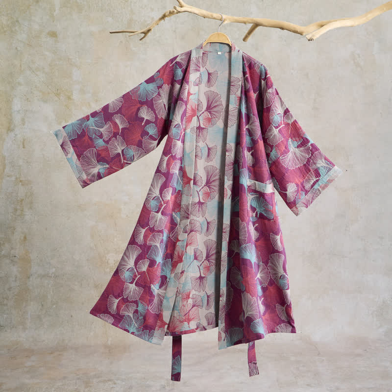 Ownkoti Artistic Ginkgo Leaf Kimono Loungewear Robe - Fuchsia - XL - image 0