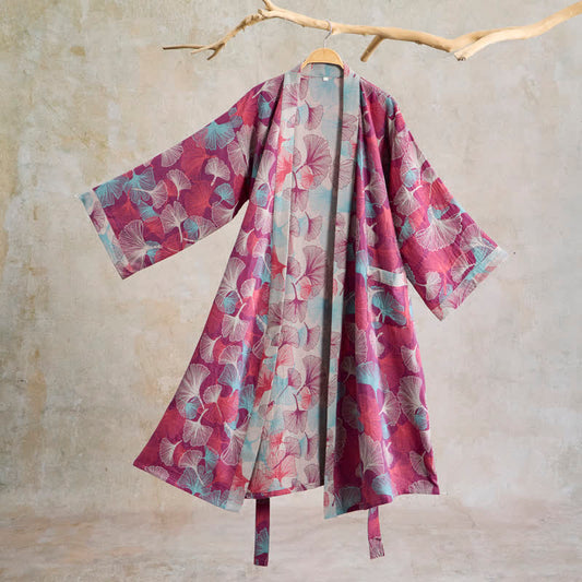 Ownkoti Artistic Ginkgo Leaf Kimono Loungewear Robe - Fuchsia - XL - image 0