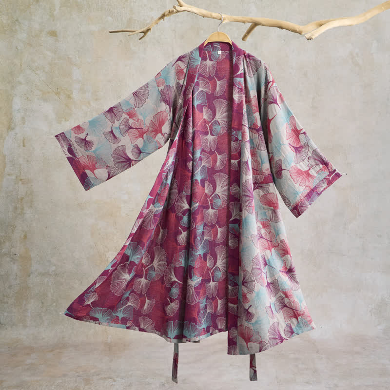 Ownkoti Artistic Ginkgo Leaf Kimono Loungewear Robe - Beige - XL - image 7