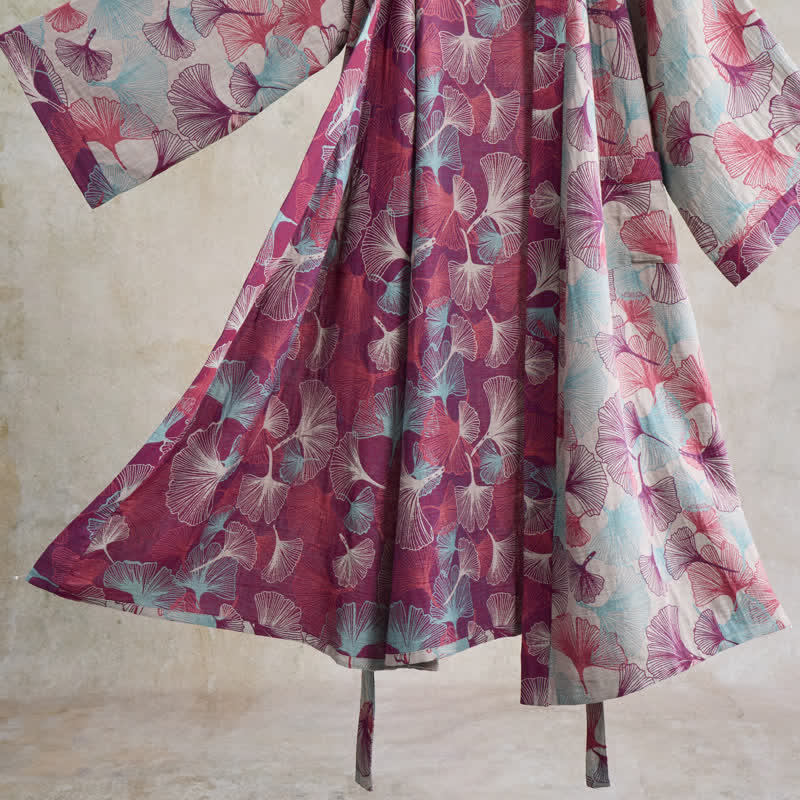 Ownkoti Artistic Ginkgo Leaf Kimono Loungewear Robe - image 12