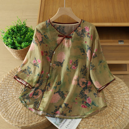 Ownkoti Vinatge Botanical Frog Button Lounge Top - Olive Green - 2XL - image 1