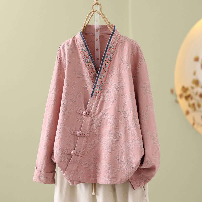 Ownkoti Vintage Cotton Linen Frog Button Lounge Top - Pink - 2XL - image 0