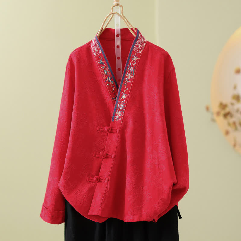 Ownkoti Vintage Cotton Linen Frog Button Lounge Top - Red - 2XL - image 9