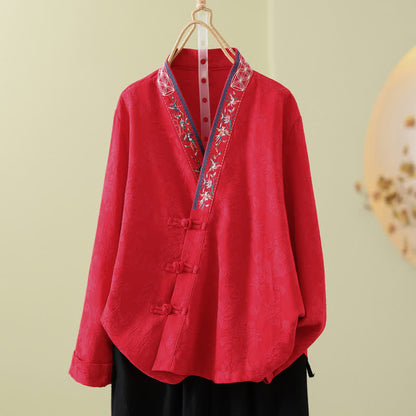 Ownkoti Vintage Cotton Linen Frog Button Lounge Top - Red - 2XL - image 9