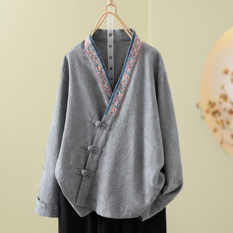 Ownkoti Vintage Cotton Linen Frog Button Lounge Top - Gray - 2XL - image 15