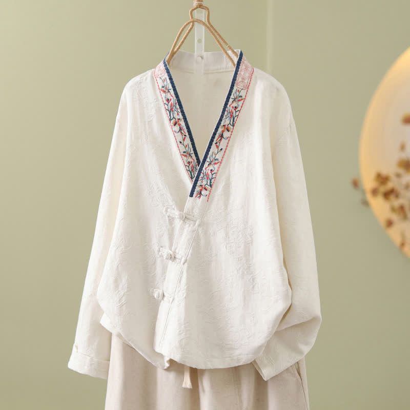 Ownkoti Vintage Cotton Linen Frog Button Lounge Top - White - 2XL - image 21
