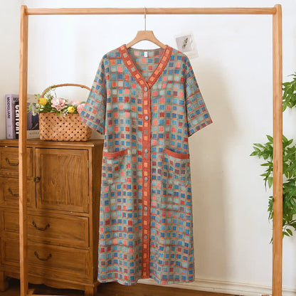 Ownkoti Plus Size Plaid Cotton Cardigan Nightgown  - Green - 5XL - image 0