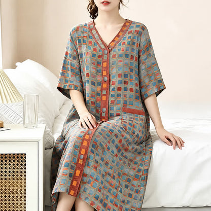 Ownkoti Plus Size Plaid Cotton Cardigan Nightgown  - image 1