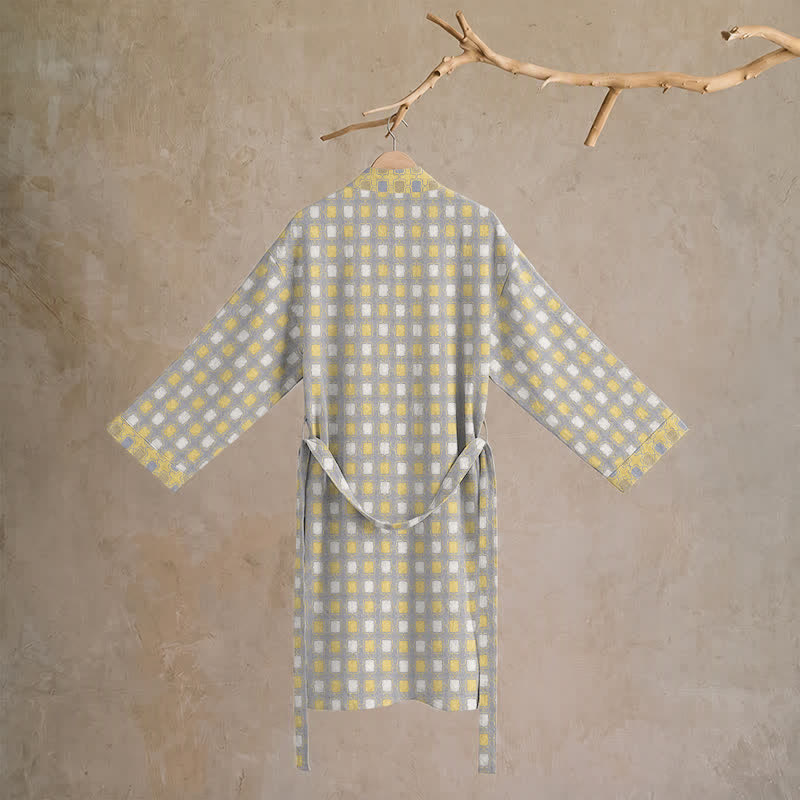 Ownkoti Soft Yellow Grey Cotton Plaid Kimono Robe - image 1