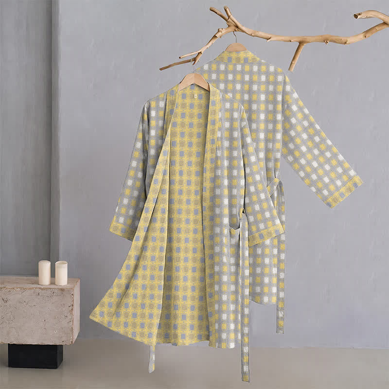 Ownkoti Soft Yellow Grey Cotton Plaid Kimono Robe - image 2
