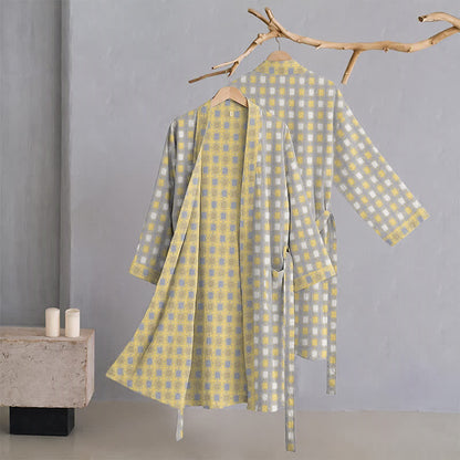 Ownkoti Soft Yellow Grey Cotton Plaid Kimono Robe - image 2