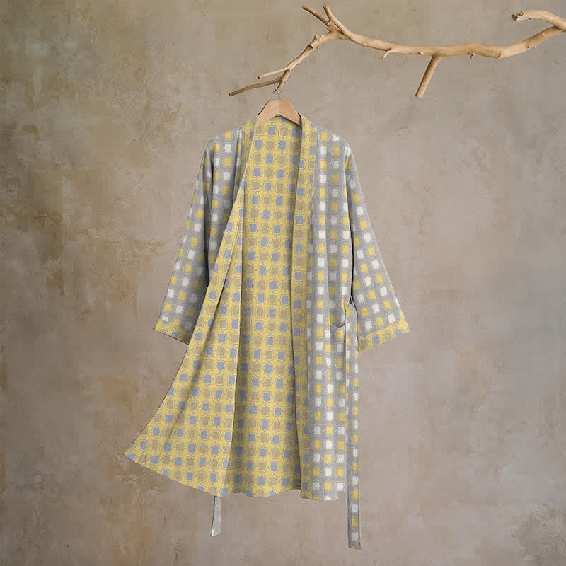 Ownkoti Soft Yellow Grey Cotton Plaid Kimono Robe - L - image 0