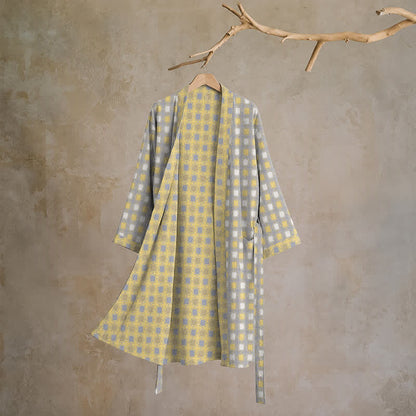 Ownkoti Soft Yellow Grey Cotton Plaid Kimono Robe - L - image 0