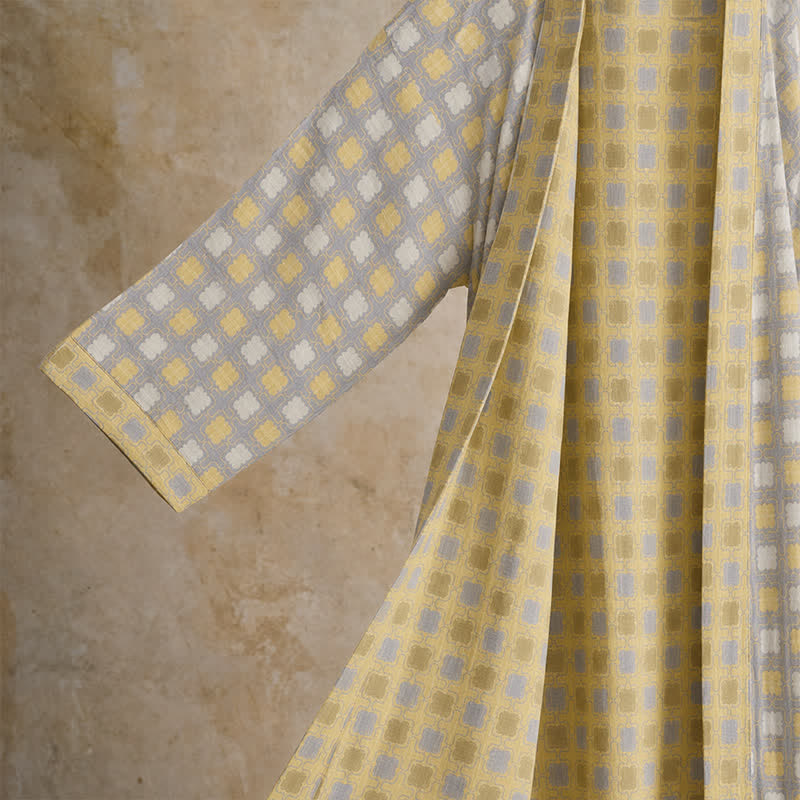 Ownkoti Soft Yellow Grey Cotton Plaid Kimono Robe - image 3