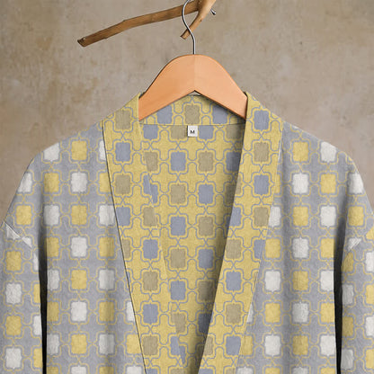 Ownkoti Soft Yellow Grey Cotton Plaid Kimono Robe - image 5