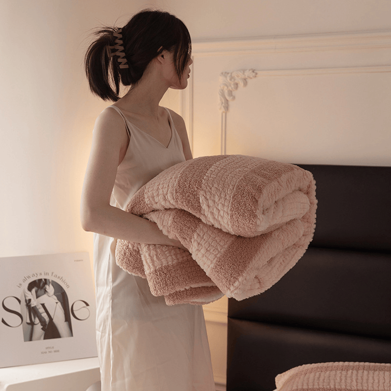 Ownkoti Neutral Color Block Stripe Sherpa Blanket - image 2