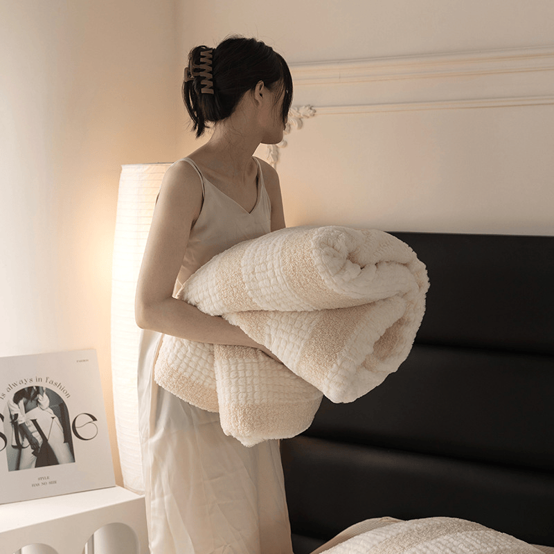 Ownkoti Neutral Color Block Stripe Sherpa Blanket - image 23