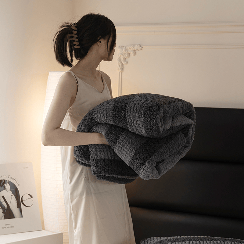 Ownkoti Neutral Color Block Stripe Sherpa Blanket - image 34