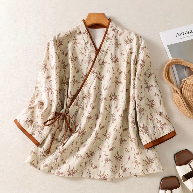 Ownkoti Floral Cross Wrap Casual Lounge Shirt - Beige - 2XL - image 0