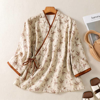 Ownkoti Floral Cross Wrap Casual Lounge Shirt - Beige - 2XL - image 0