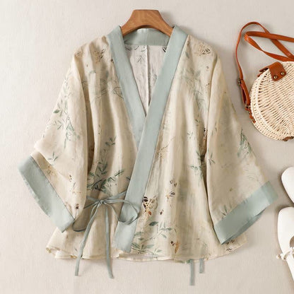 Ownkoti Floral Tie-Waist Kimono Loungewear Top - Beige - 2XL - image 0