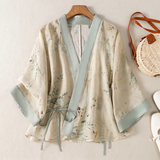 Ownkoti Floral Tie-Waist Kimono Loungewear Top - Beige - 2XL - image 0