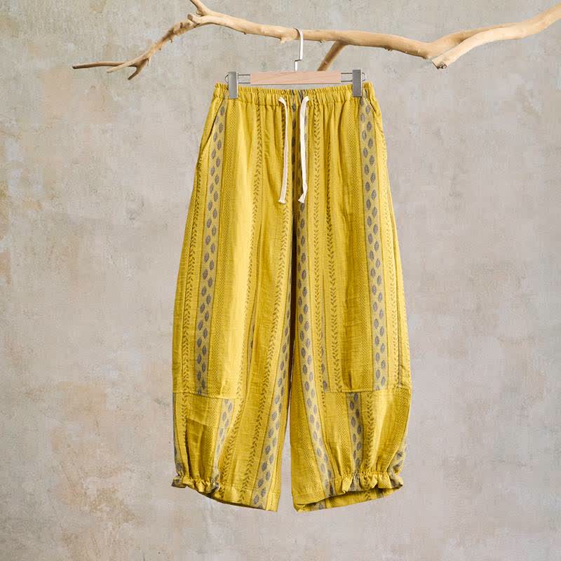 Ownkoti Yellow Striped Leaf Cotton Harem Pants - Yellow - XL - image 0