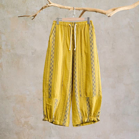 Ownkoti Yellow Striped Leaf Cotton Harem Pants - Yellow - XL - image 0