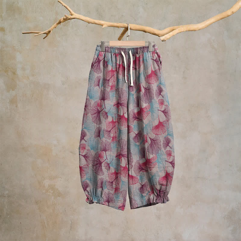 Ownkoti Relaxed Ginkgo Leaf Cotton Harem Pants - Beige - XL - image 6
